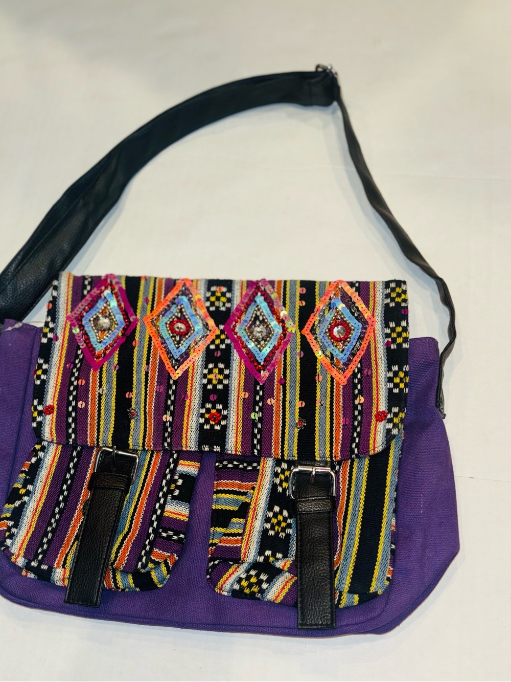 Embroidered Purple Boho Shoulder Bag with Colorful Diamond Accents